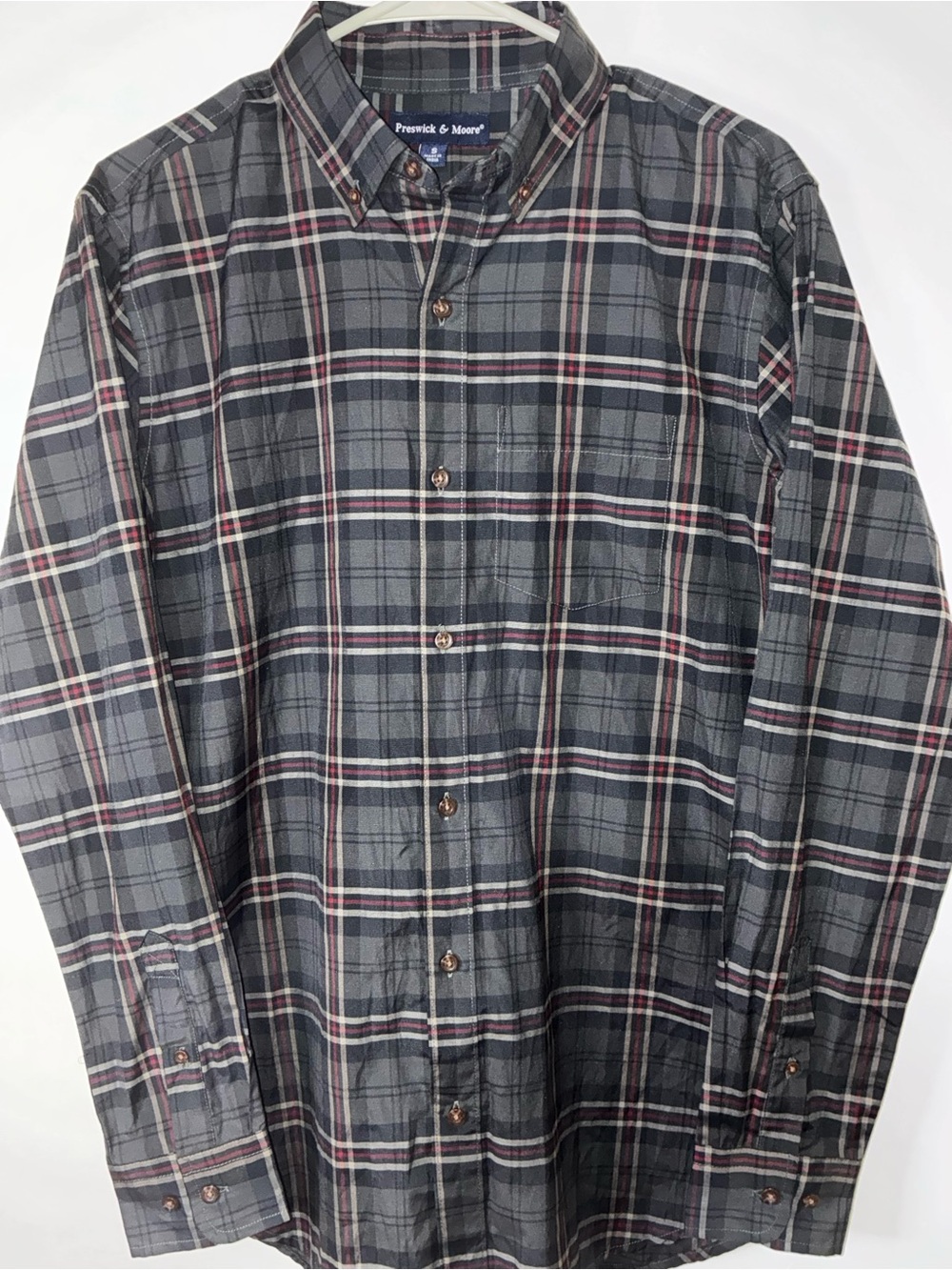 Preswick & Moore Gray Plaid Button-Down Shirt with Burgundy Accents